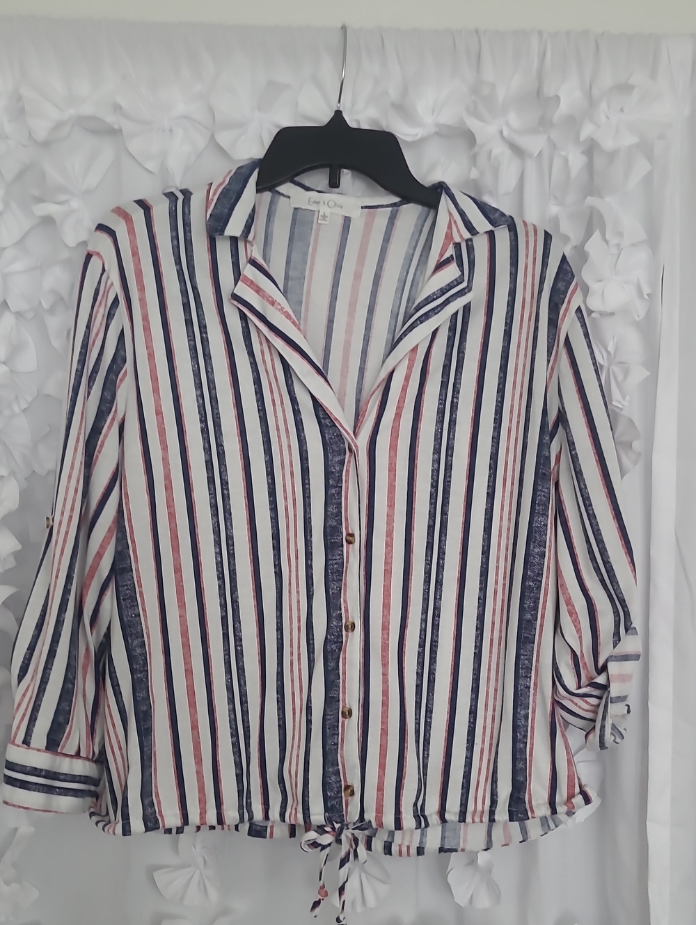 Button-Front Stripe Tie-Hem Women’s Top - Navy, Red & White